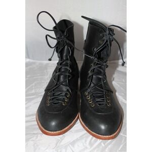 ELF Handmade Black Leather Lace To Toe Combat Boots Buckle Strap Women's 8
